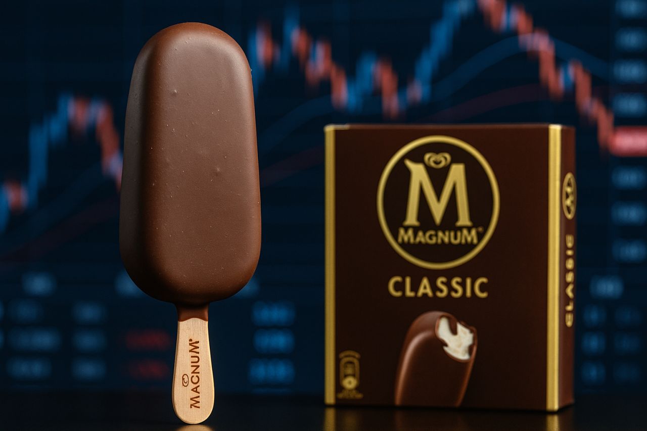 Una confezione di Magnum e uno dei gelati Magnum fuori dalla scatola. Sullo sfondo dei grafici finanziari
