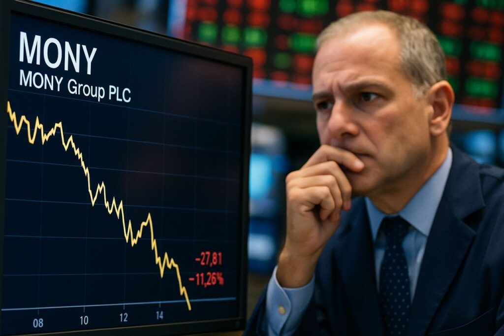 Primo piano di un signore di mezza età con giacca e cravatta. Accanto a lui uno schermo con un grafico finanziario e la scritta Mony