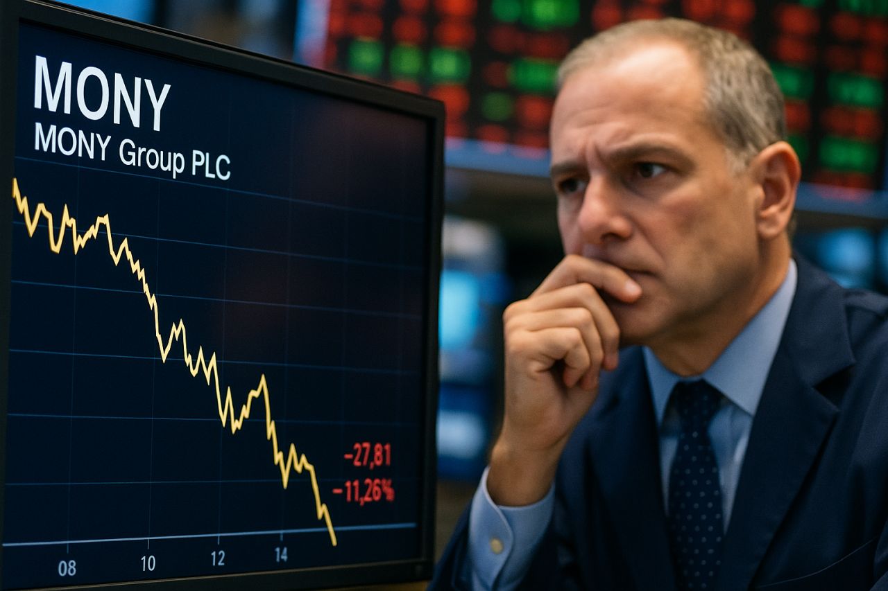 Primo piano di un signore di mezza età con giacca e cravatta. Accanto a lui uno schermo con un grafico finanziario e la scritta Mony