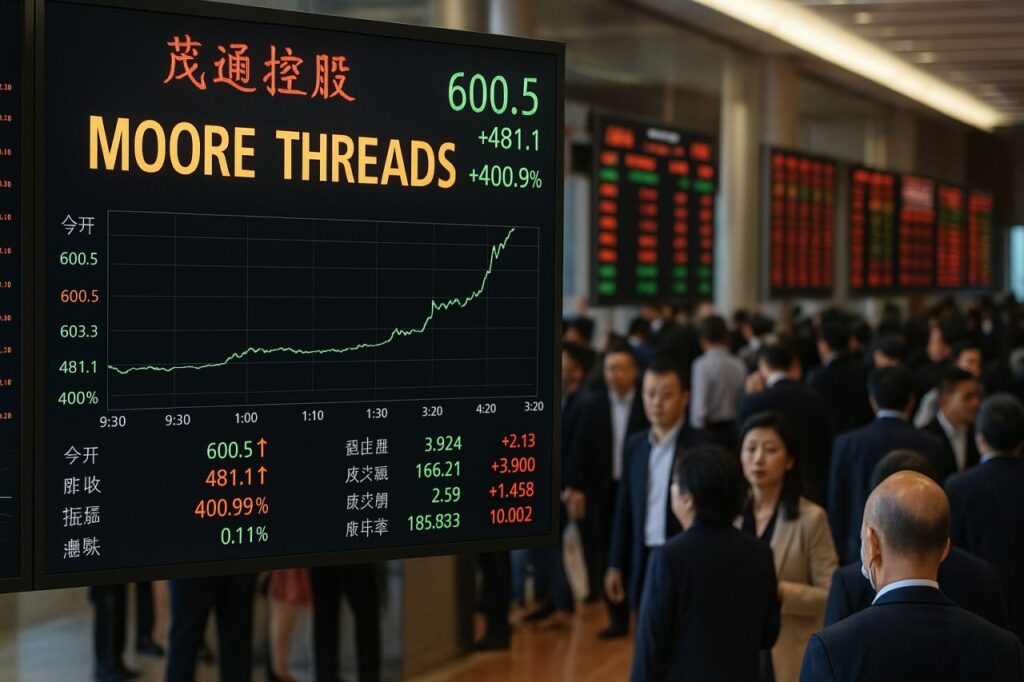 Uno schermo con l'andamento di Moore Threads in una sala di Borsa