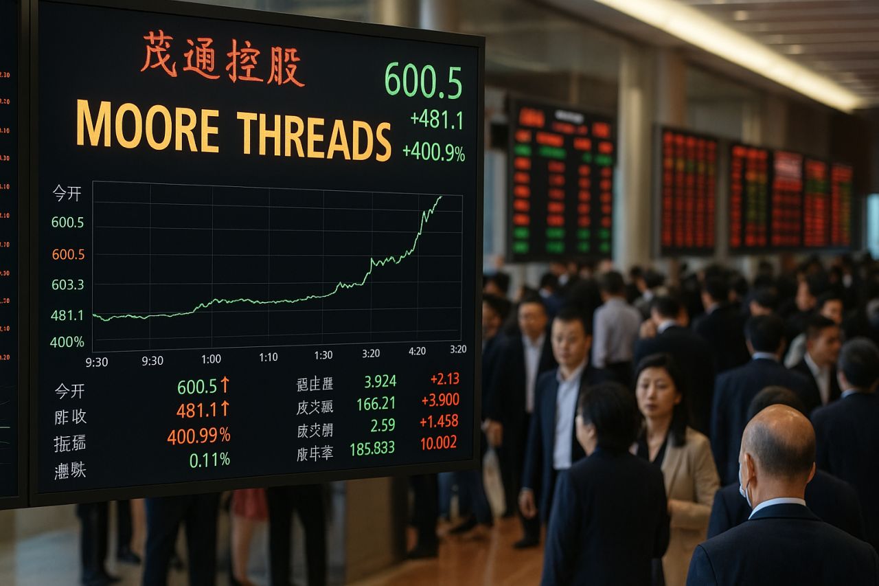 Uno schermo con l'andamento di Moore Threads in una sala di Borsa