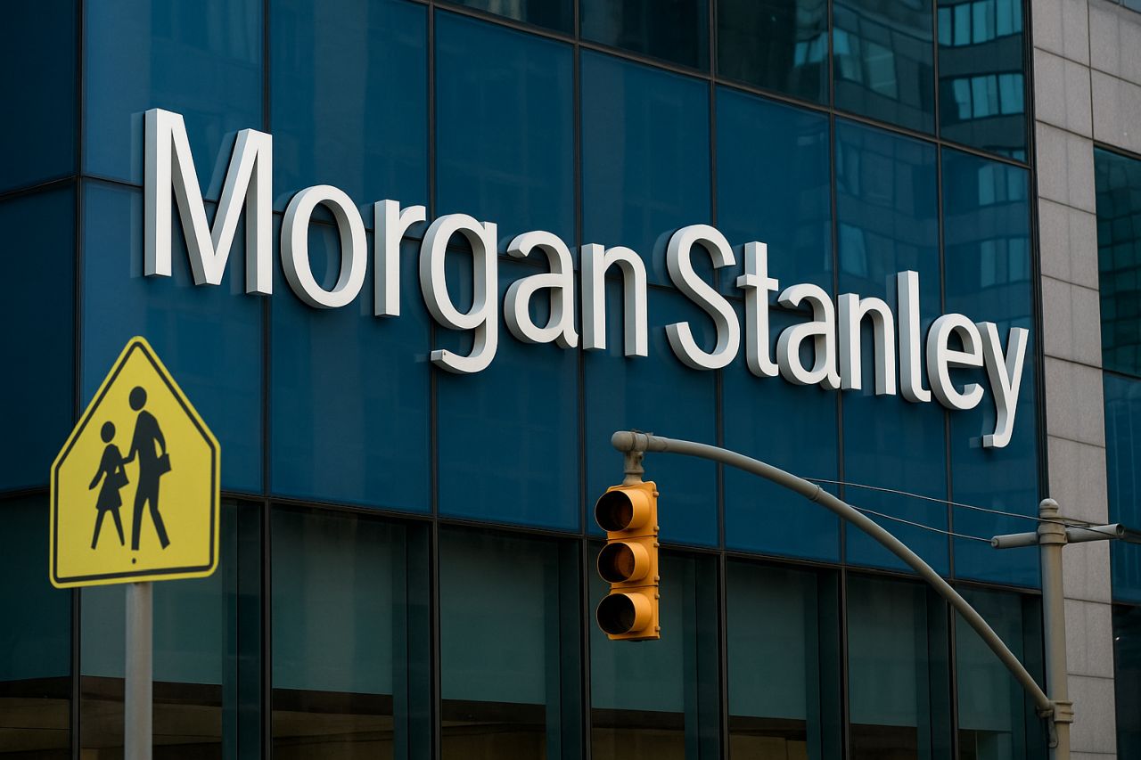 Scritta Morgan Stanley in grande sulla vetrata di un palazzo