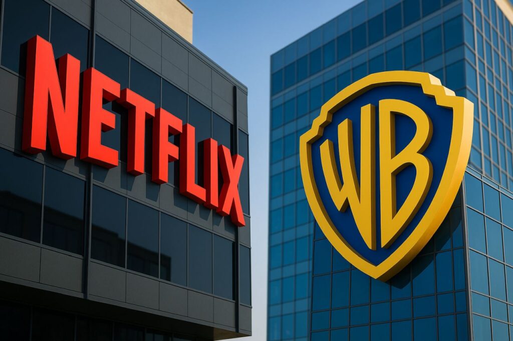 Logo Netflix su un edificio a sinistra e logo Warner Bros su un edificio a destra