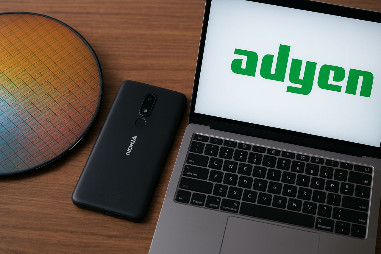 Un dispositivo mobile con il logo Nokia e uno con la scritta Adyen visualizzata sullo schermo