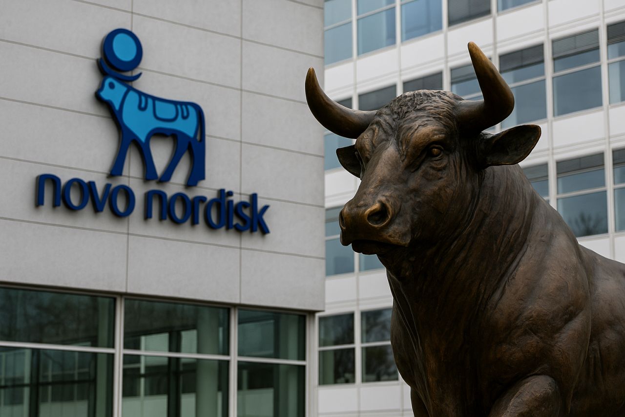 La statua di bronzo di un toro in primo piano e un edificio sullo sfondo con la scritta Novo Nordisk e il suo logo