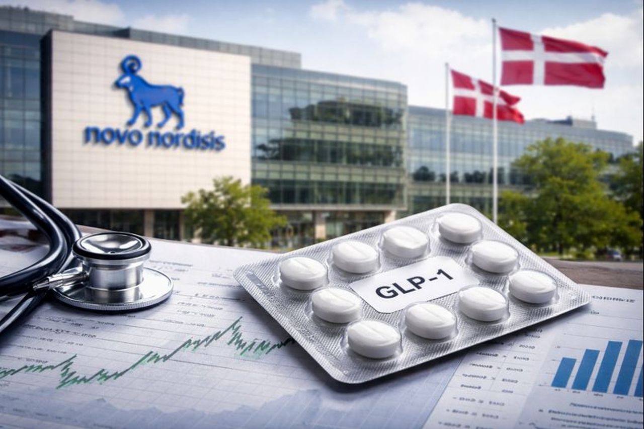 Un palazzo con la scritta Novo Nordisk in grande. Un blister con alcune pillole in primo piano e la bandiera della Danimarca sullo sfondo