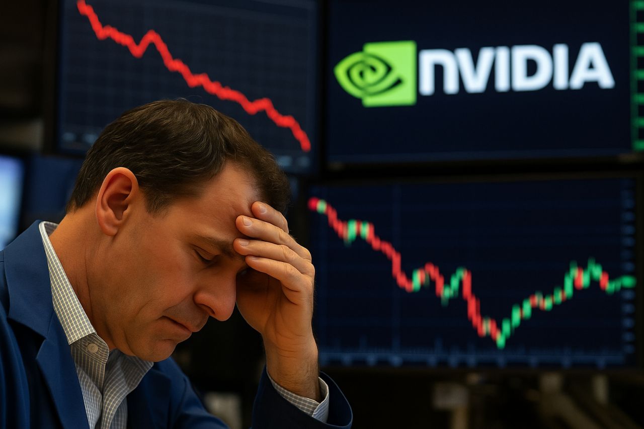 Un trader con la mano sulla fronte e dei grafici finanziari sullo sfondo. In alto a destra il logo Nvidia
