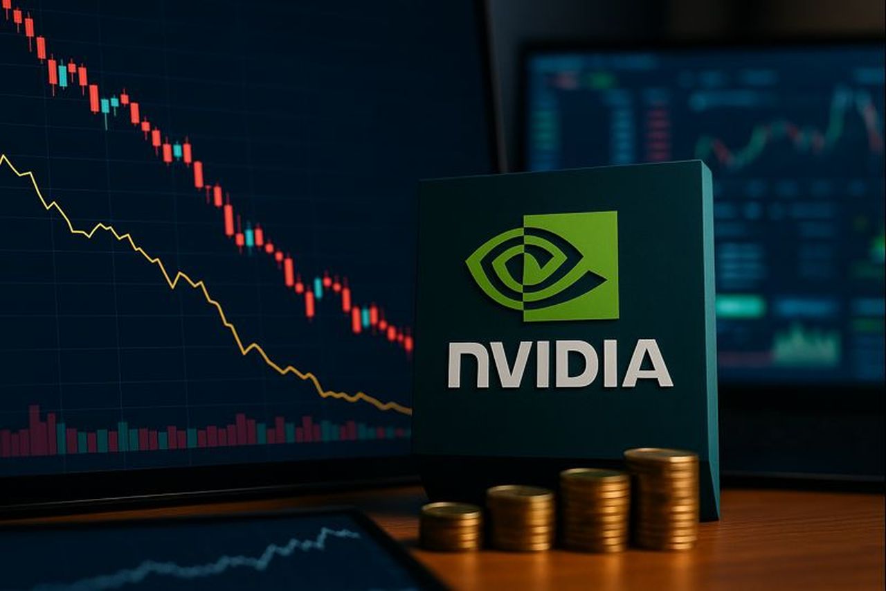 Logo Nvidia con delle monetine sotto e un grafico a candele sullo sfondo