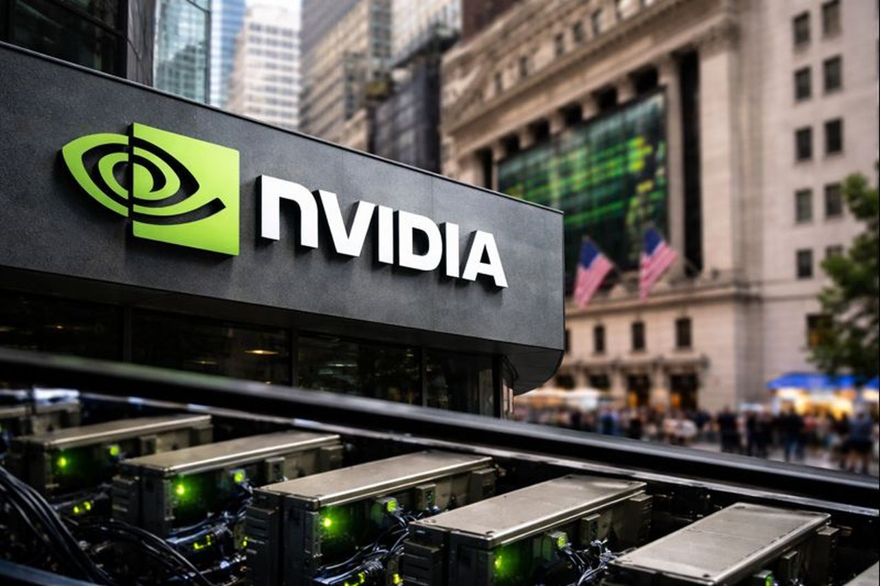 Nvidia, scritta e logo in primo piano. Sullo sfondo i palazzi di una città