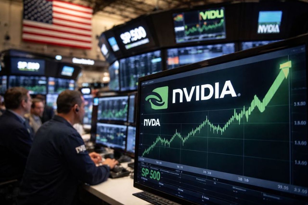 La scritta Nvidia con il logo e un grafico finanziario su uno schermo in una sala di Borsa