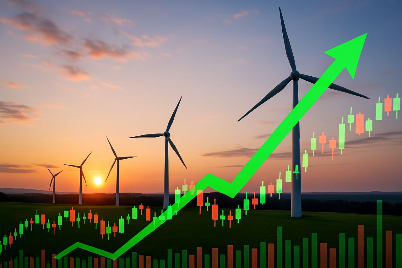 Un campo di pale eoliche con il sole che tramonta sullo sfondo. In sovrimpressione un grafico a candele e una freccia verde verso l'alto