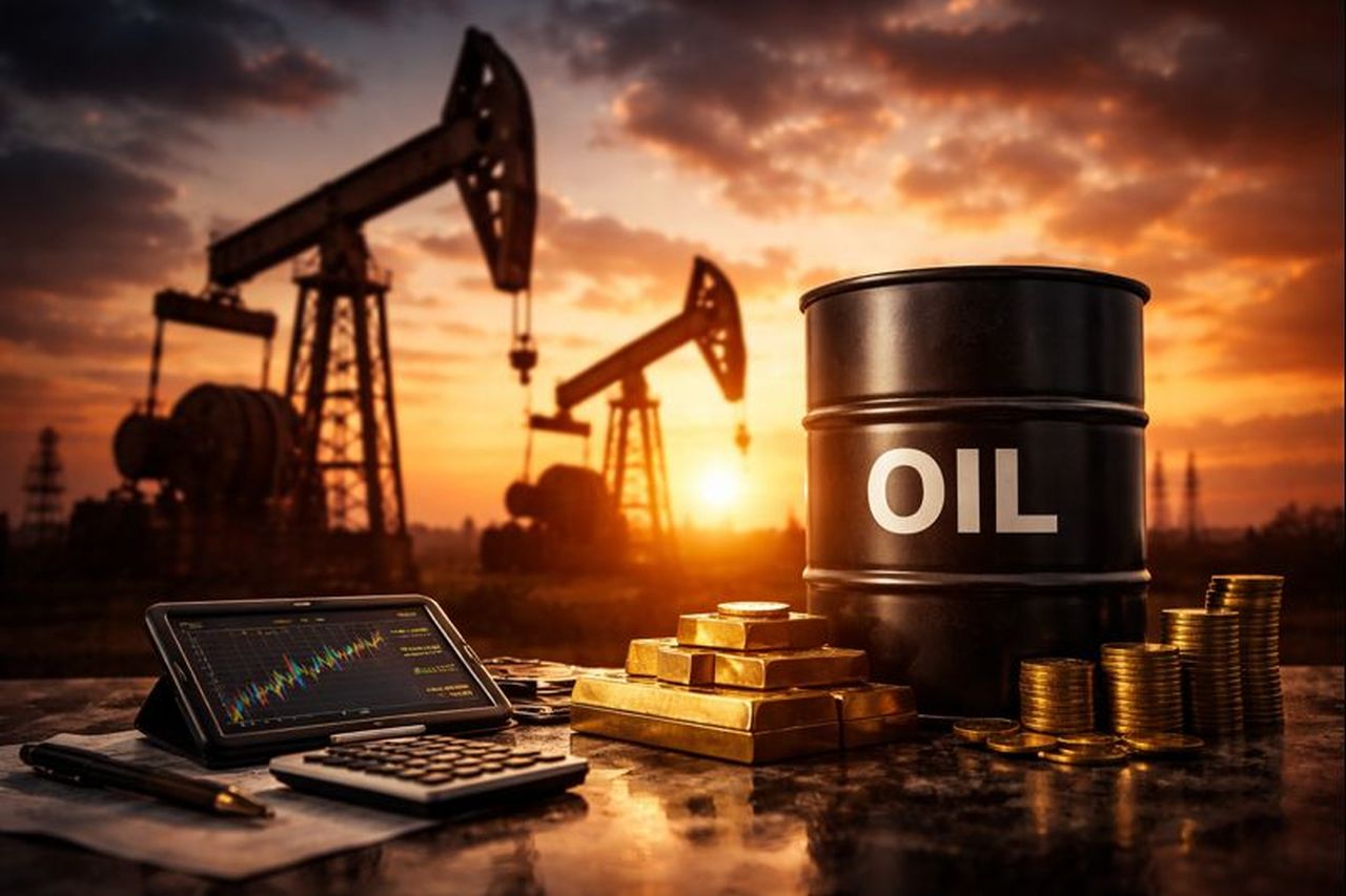 Un barile con la scritta OIL e delle trivelle sullo sfondo