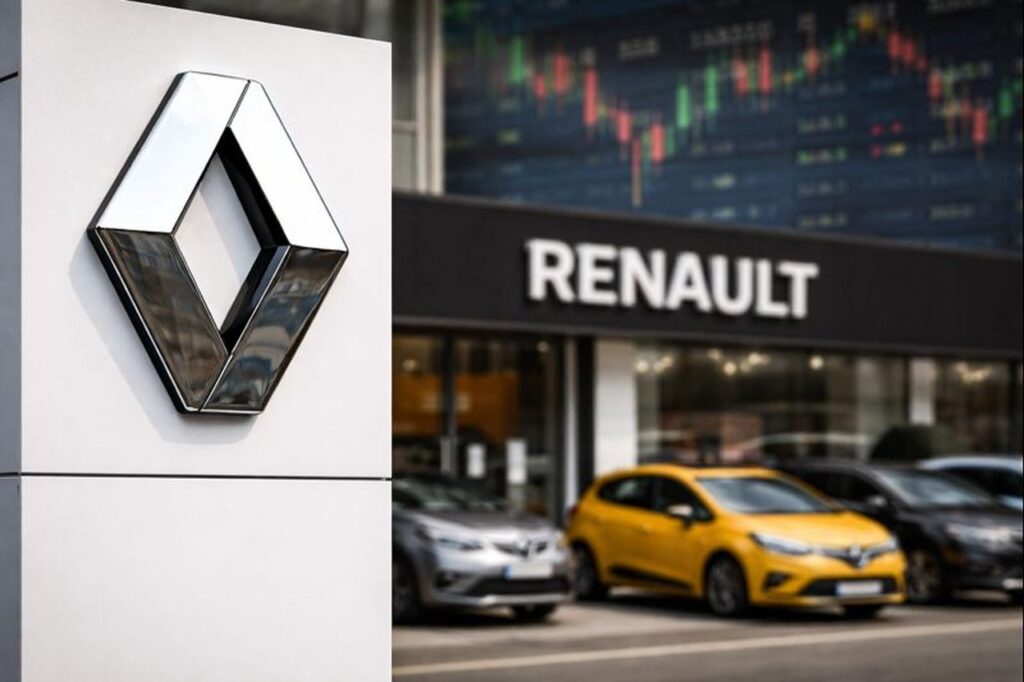 Logo Renault in primo piano con delle auto parcheggiate sullo sfondo