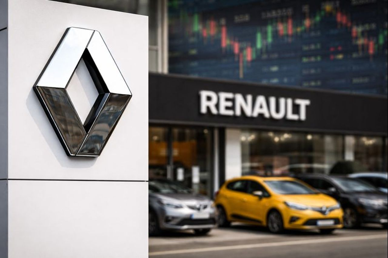 Logo Renault in primo piano con delle auto parcheggiate sullo sfondo