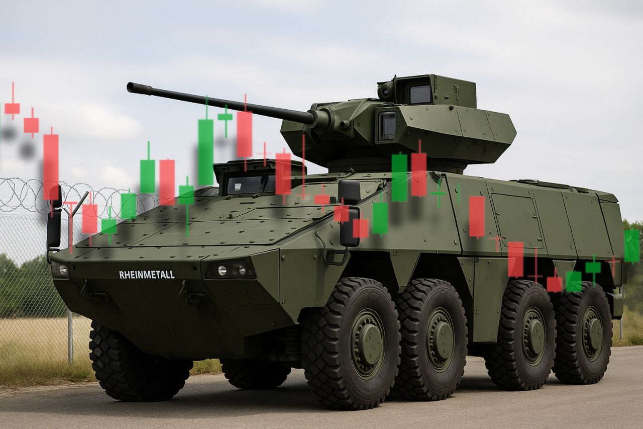 Un carro armato con la scritta Rheinmetall e un grafico a candele in sovrimpressione
