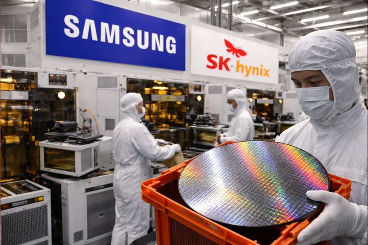l'interno di una fabbrica di componenti tech. In alto logo Samsung e SK Hynix