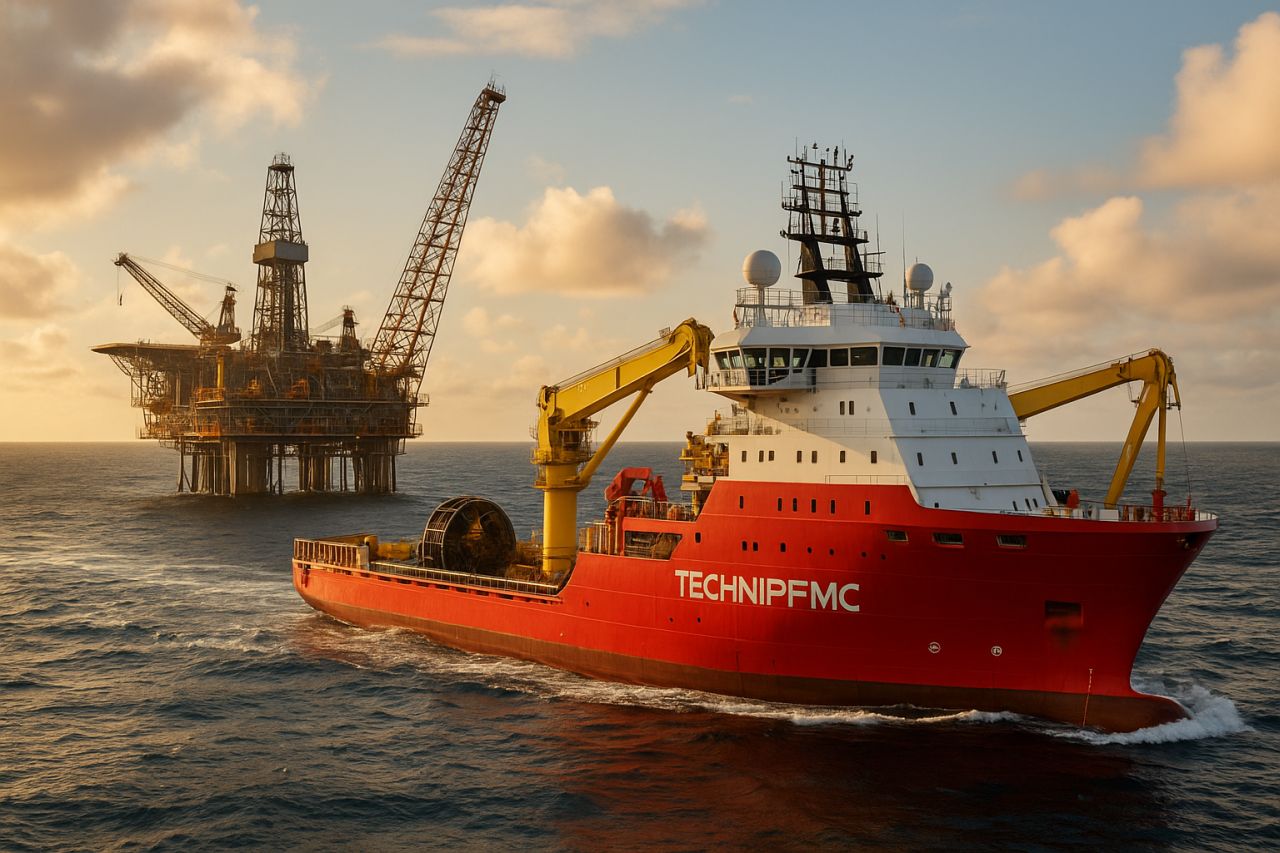 Una nave cargo che si allontana da una piattaforma in mare aperto