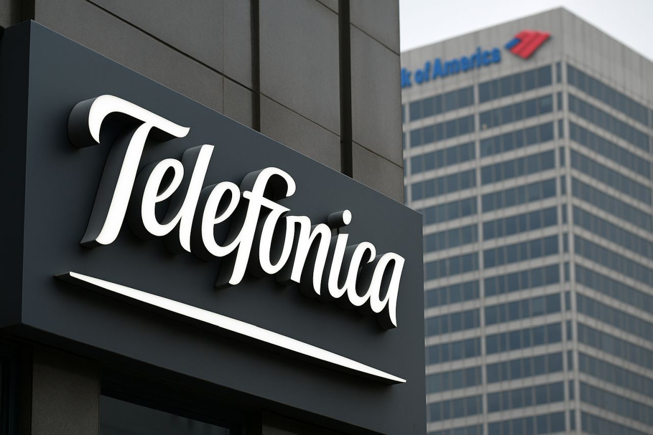 L'insegna Telefonica sul fronte di un edificio. Sullo sfondo un palazzo con in cima la scritta Bank of America