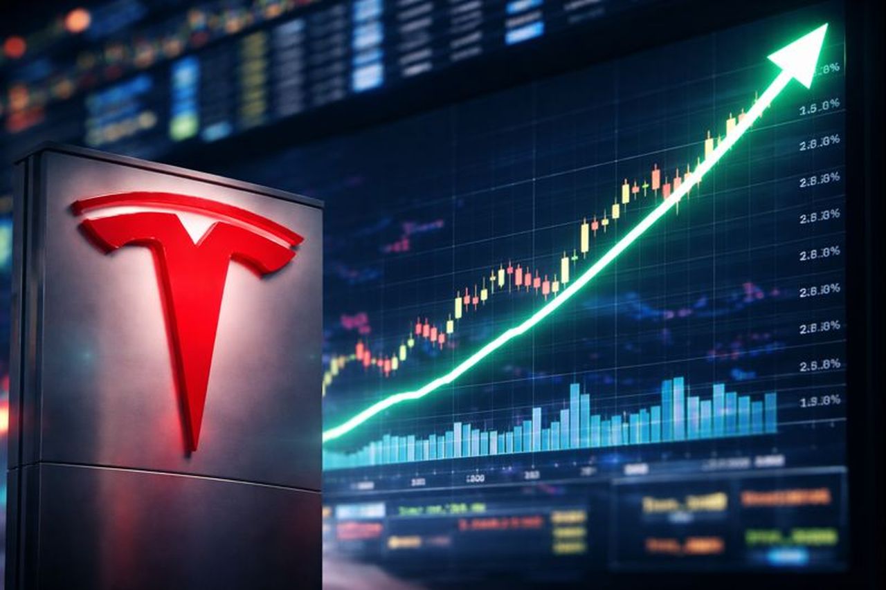 Il logo Tesla in primo piano e un grafico finanziario sullo sfondo