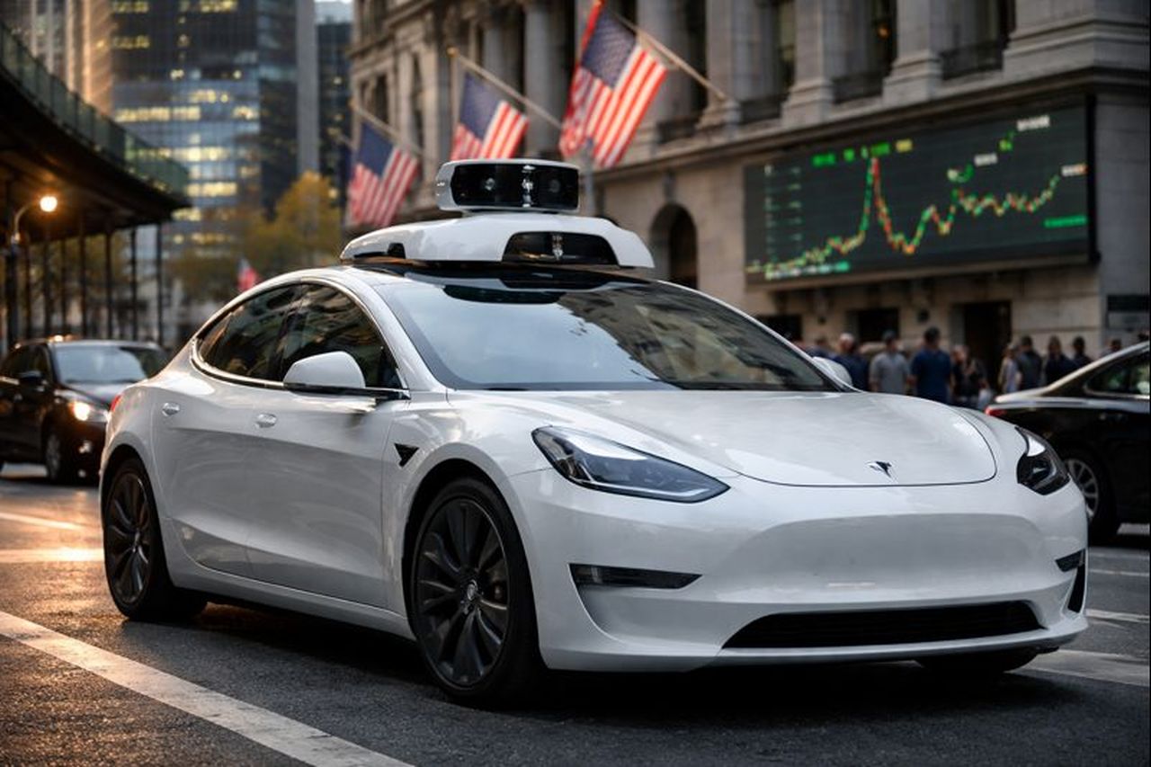Un'auto Tesla adibita a robotaxi per le strade di WallStreet
