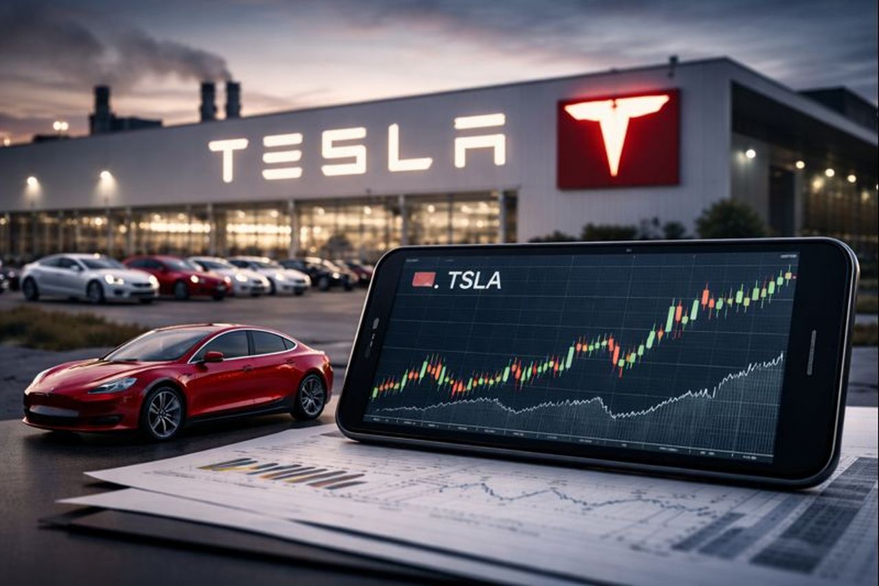 Un salone automobilistico con la scritta e il logo Tesla in grande. Un grafico finanziario su un dispositivo mobile in primo piano
