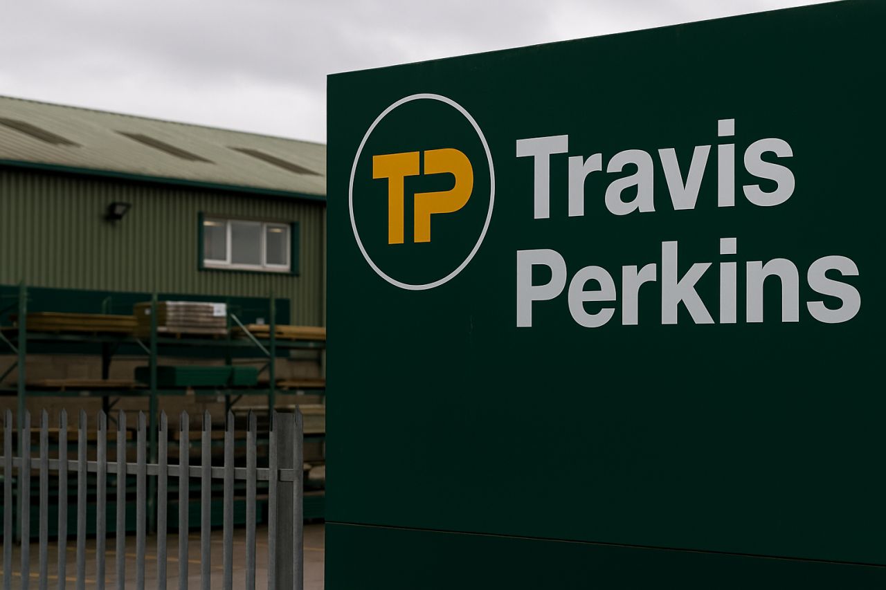 In primo piano, su sfondo verde, logo e scritta Travis Perkins. Sullo sfondo un edificio verde