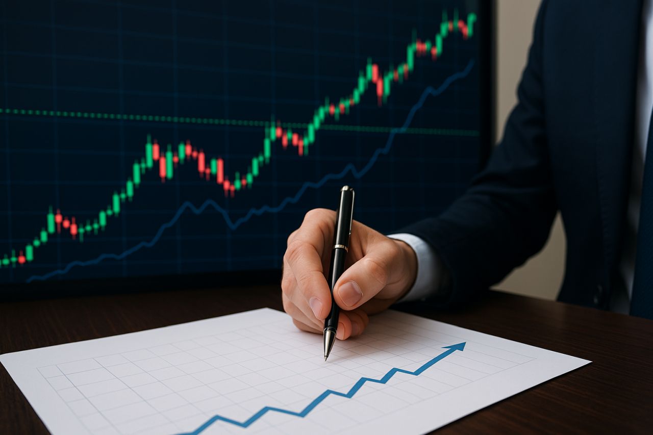 Un grafico sul foglio e una penna impugnata in una mano. Sullo sfondo un grafico a candele