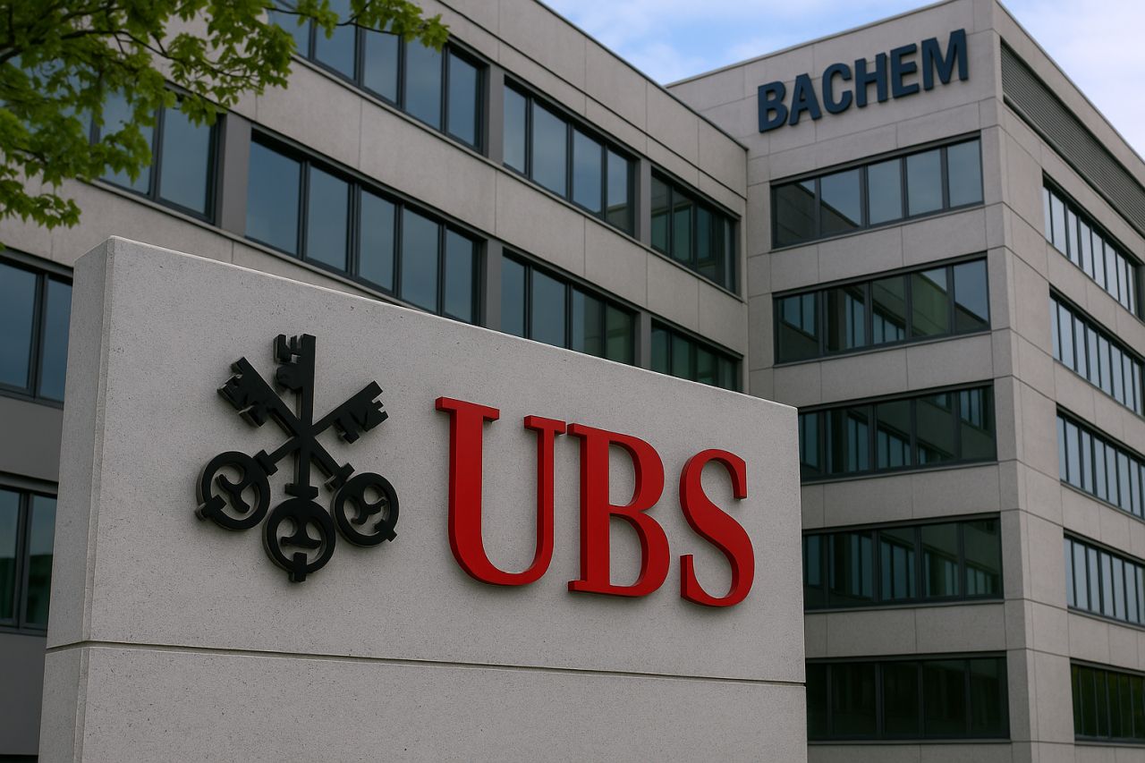Insegna UBS in primo piano con relativo logo. Sullo sfondo un palazzo con in cima la scritta Bacheim
