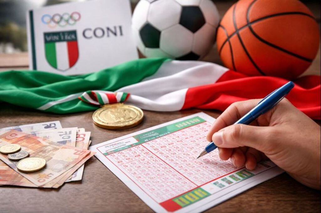 la mano che compila una schedina con una penna. Sullo sfondo un paio di palloni e uno scudetto con la scritta CONI accanto