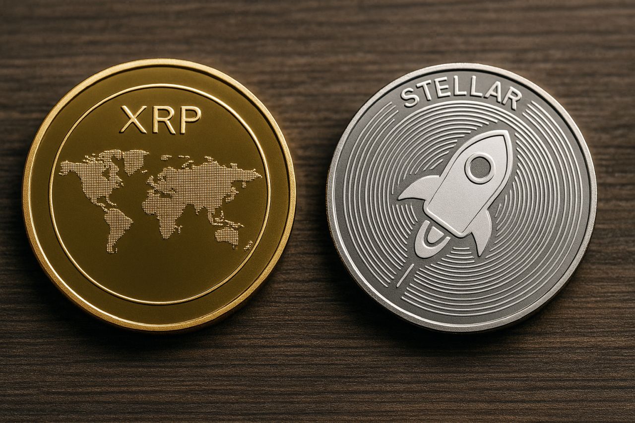 Una moneta di XRP accanto a una di Stellar