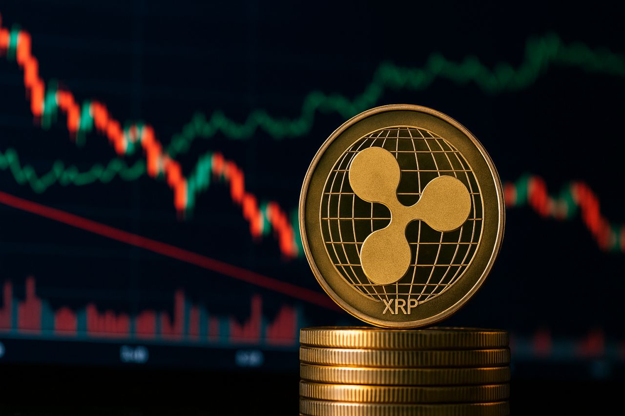 Una moneta con il vecchio simbolo di XRP e un grafico a candele sullo sfondo