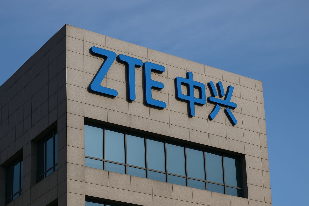 La scritta ZTE sulla parete in cima a un edificio