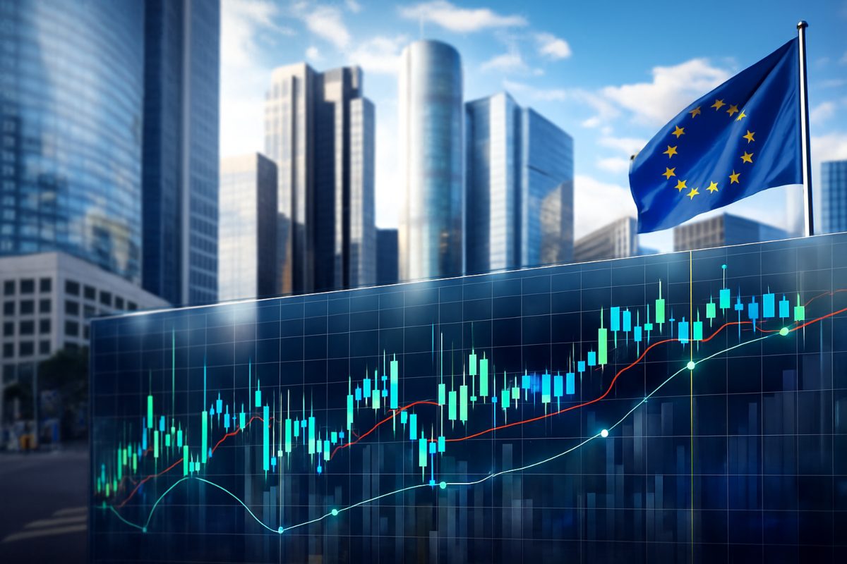 palazzi bancari e bandiera dell'UE