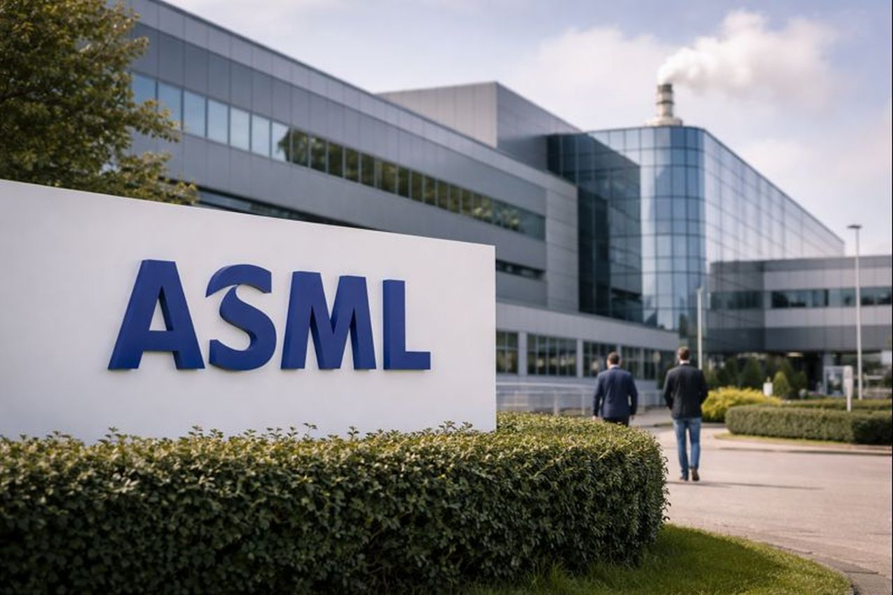 Logo ASML in primo piano e un edificio moderno sullo sfondo