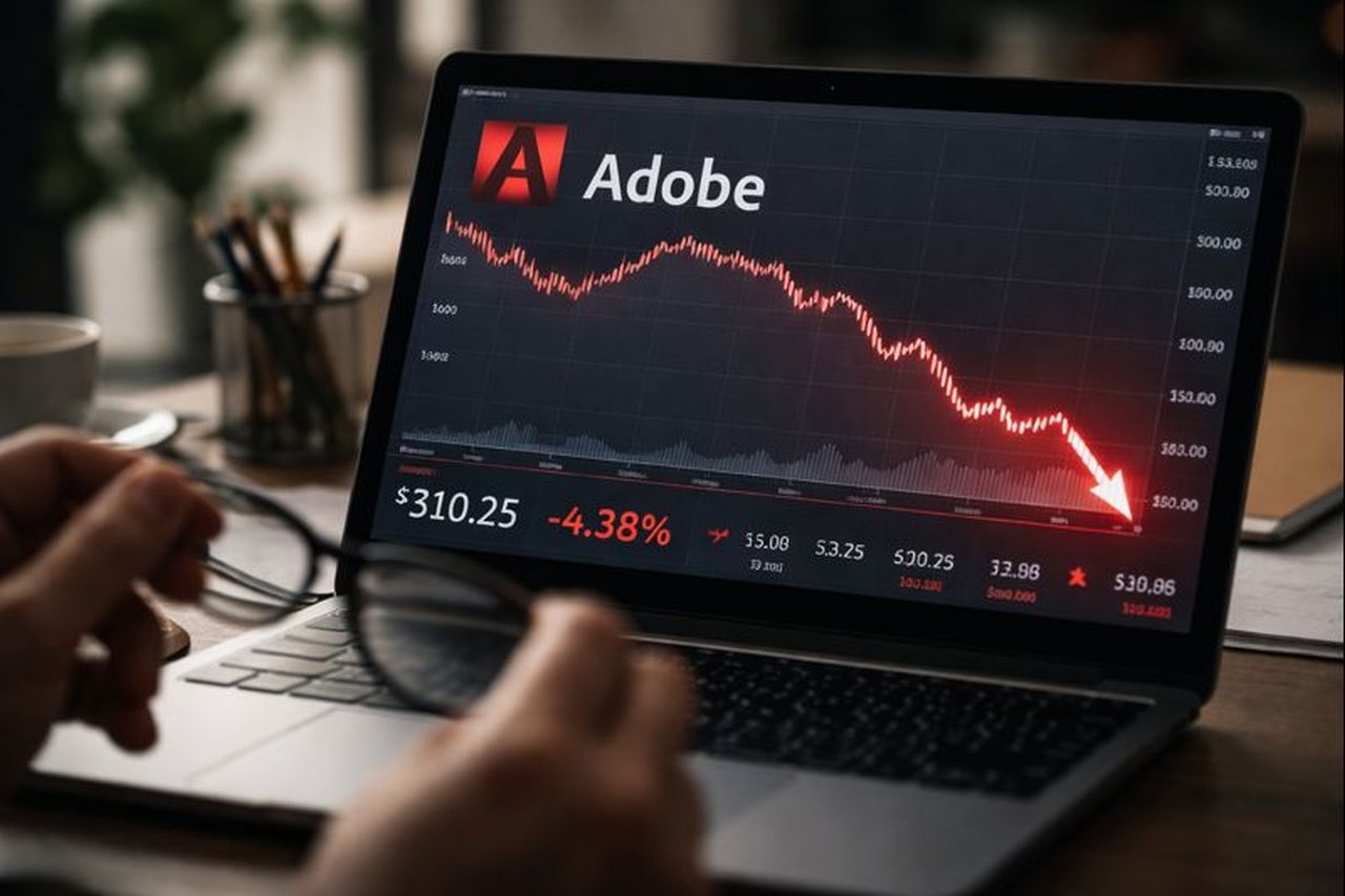 Lo schermo di un tablet con un grafico finanziario e il logo di Adobe
