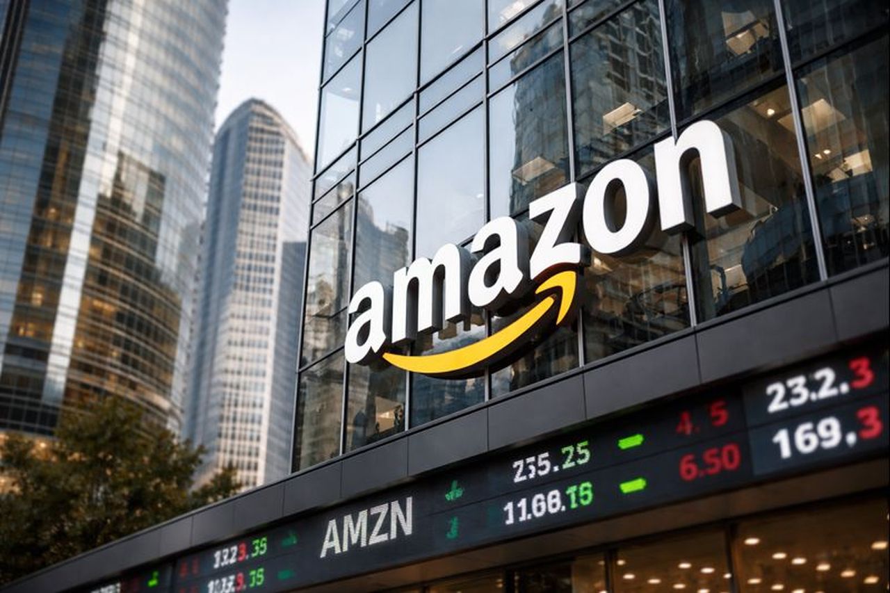 La vetrata di un palazzo con la scritta Amazon al centro in grande