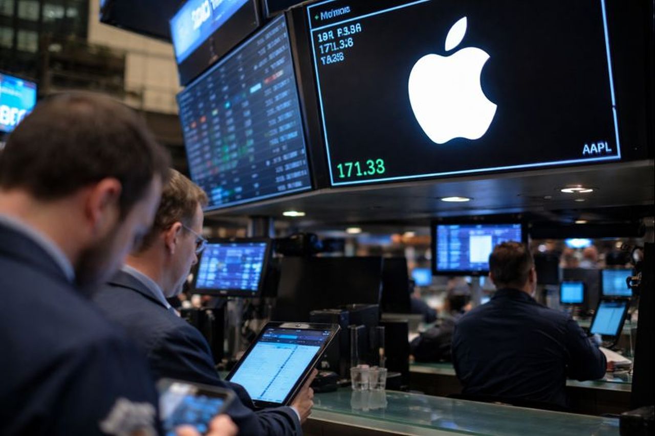 Uno schermo con il logo di Apple in una sala di Borsa