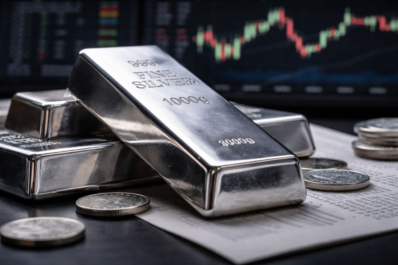 Lingotti d'argento e grafici finanziari sullo sfondo