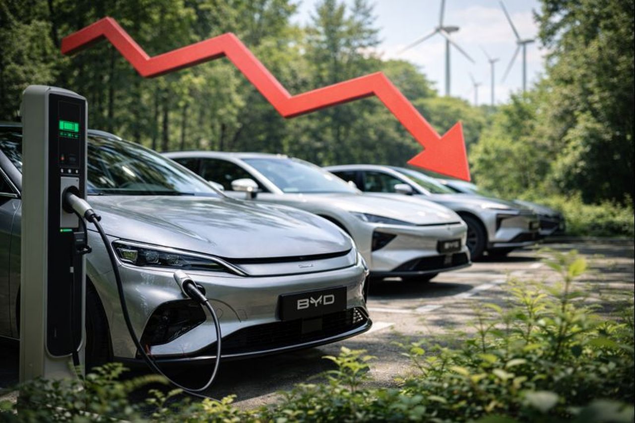 Alcune auto elettriche ferme vicino a una colonnetta di ricarica immersa nel verde. In sovrimpressione una freccia rossa verso il basso e delle pale eoliche sullo sfondo in lontananza