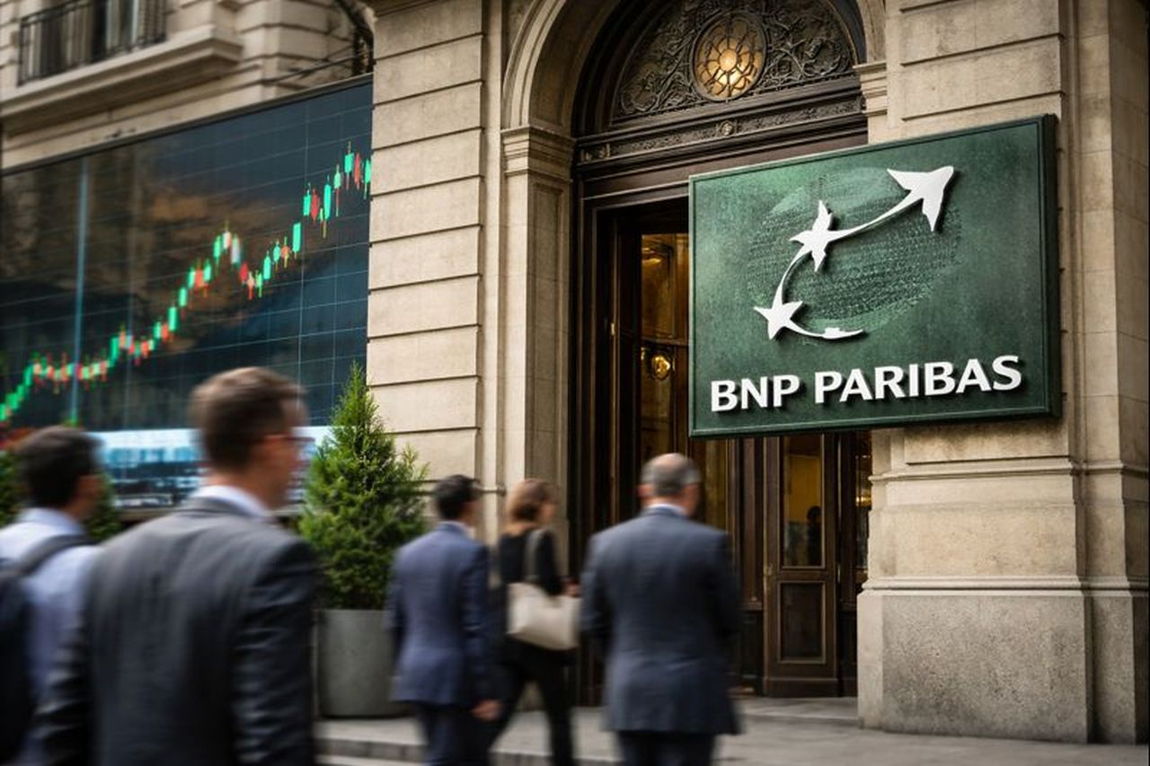 Logo e scritta BNP Paribas su un'insegna affissa a un'edificio