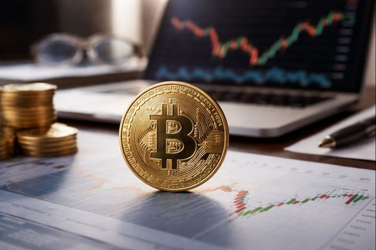 Una moneta di Bitcoin poggiata su un piano con dei grafici su uno schermo sullo sfondo