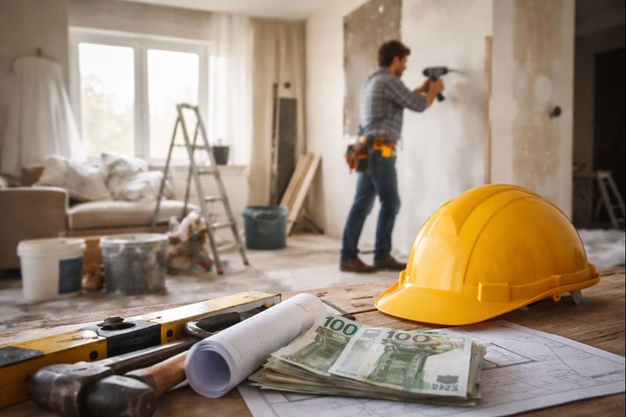 un lavoratore in un edificio in fase di ristrutturazione