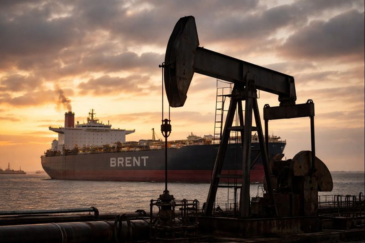 Una trivella in primo piano, e sullo sfondo una nave cisterna con la scritta Brent
