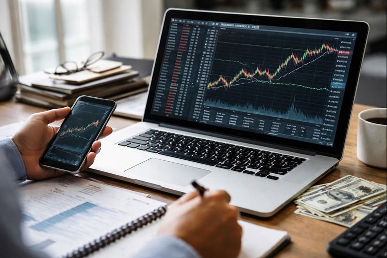 Un laptop con dei grafici finanziari. Un dispositivo mobile che mostra altri grafici finanziari in mano a qualcuno seduto alla scrivania
