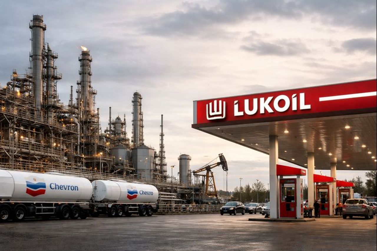 Una stazione di rifornimento Lukoil e il logo Chevron su alcune autocisterne
