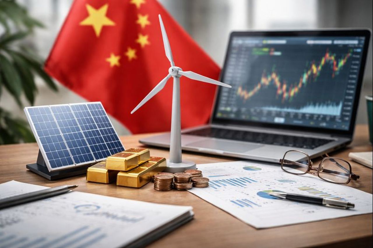 Una scrivania con un laptop che mostra dei grafici finanziari. Sullo sfondo la bandiera della Cina