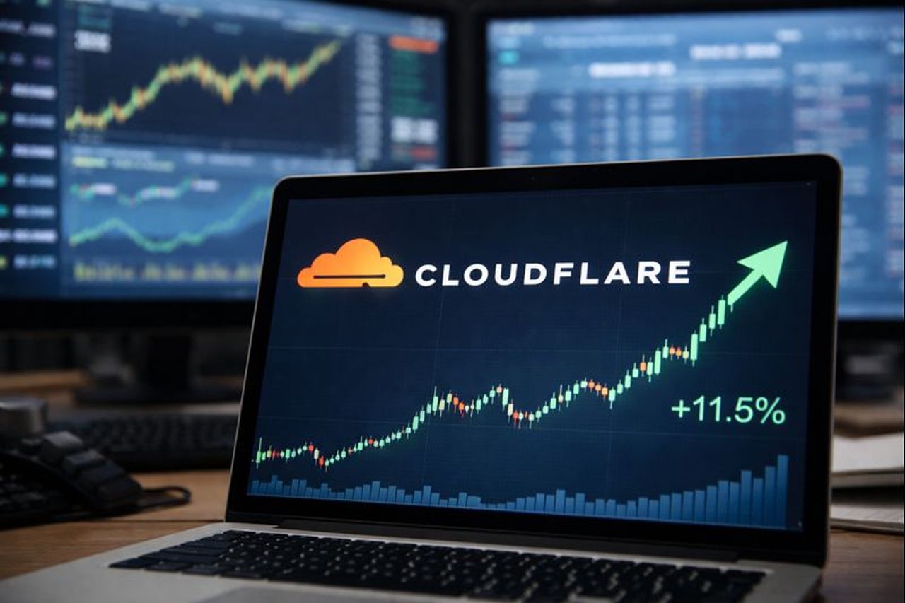 Uno schermo con un grafico finanziario in rialzo e il logo di Cloudflare