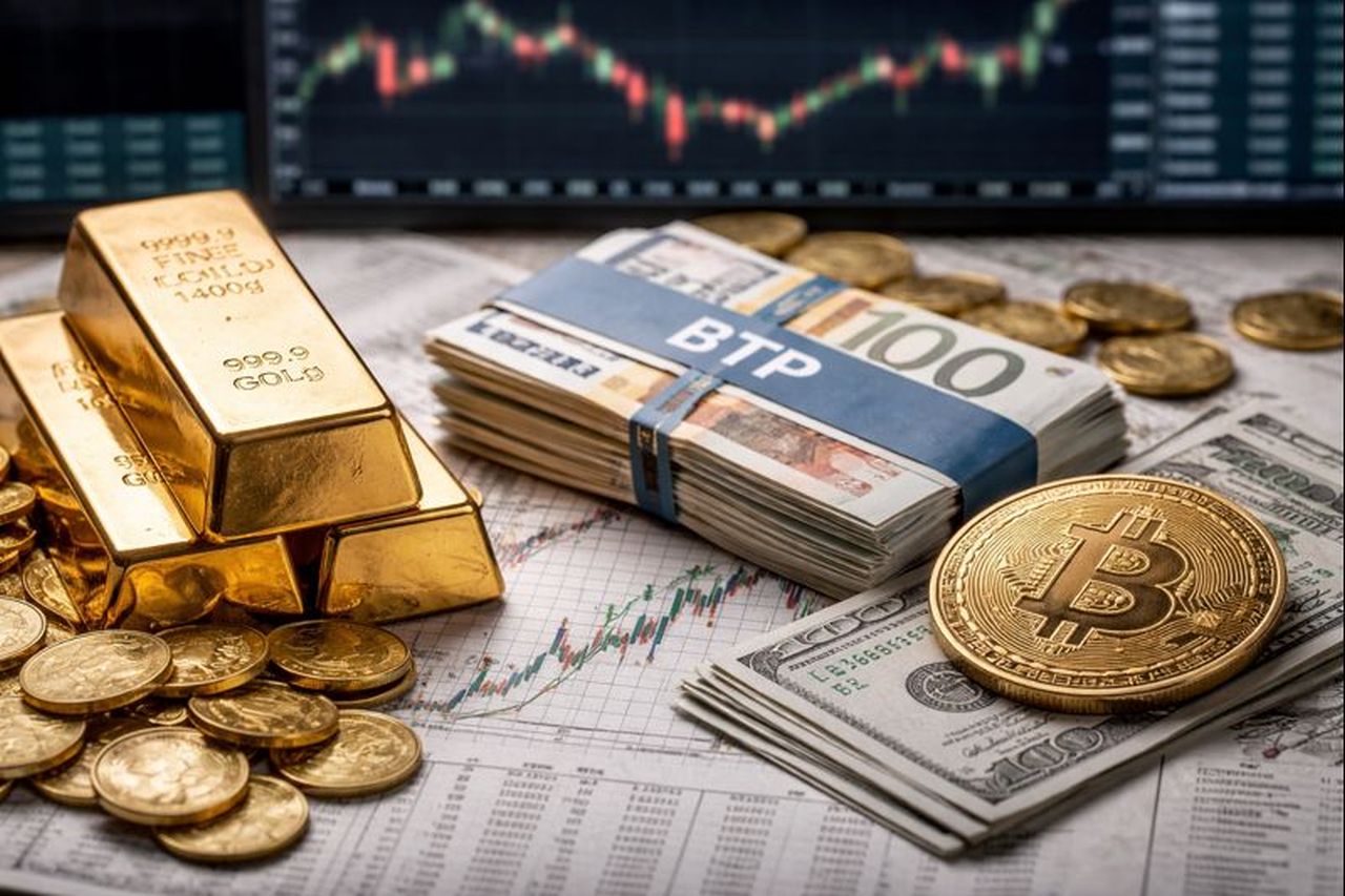 Lingotti d'oro, delle banconote, una moneta di Bitcoin e dei grafici finanziari sullo sfondo