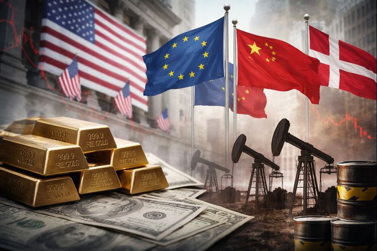 Lingotti d'oro in primo piano poggiati su alcune banconote. Sullo sfondo trivelle e bandiere di Usa, Ue, Cina e Danimarca
