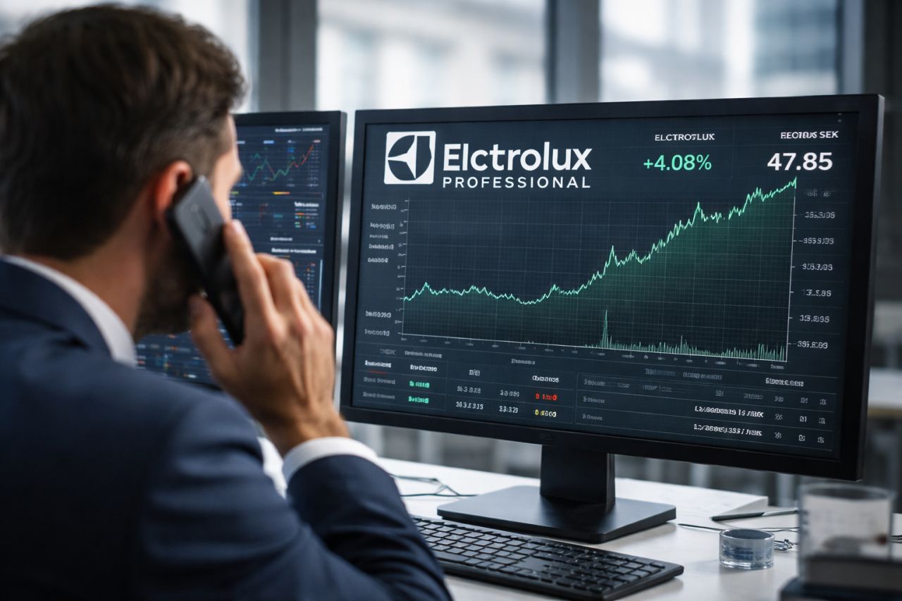 Logo Electrolux sullo schermo di un pc con dei grafici finanziari e un investitore al telefono che osserva
